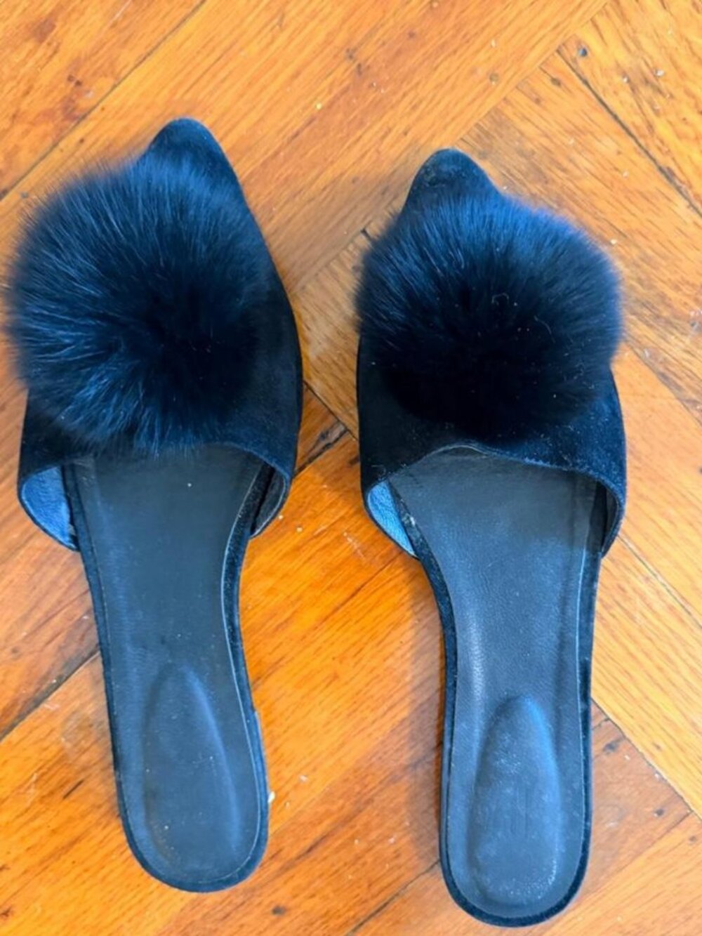 LPA Black Velvet Faux Fur Pom Pom Mules